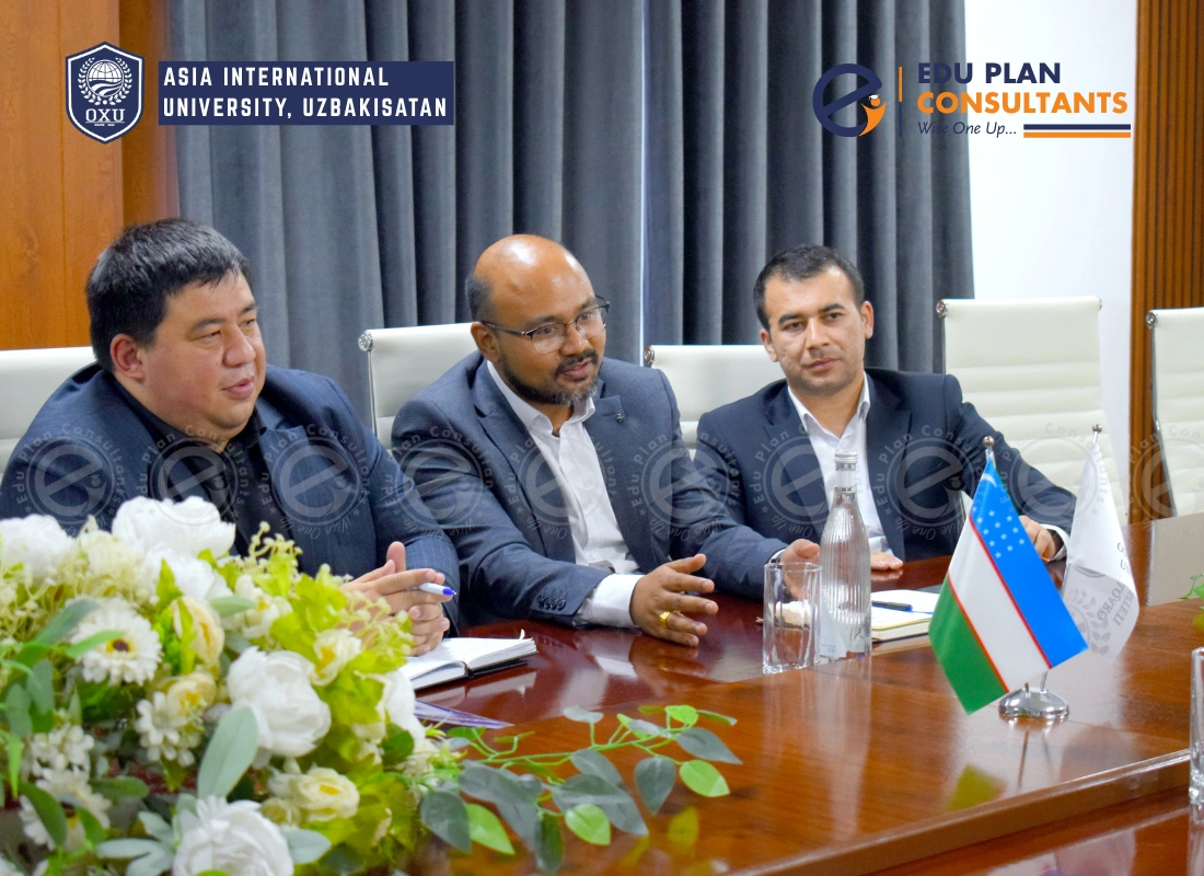 University leaders discussing  future academic goals with Edu Plan Consultants team for international students at Asian International University in Bukhara, Uzbekistan.