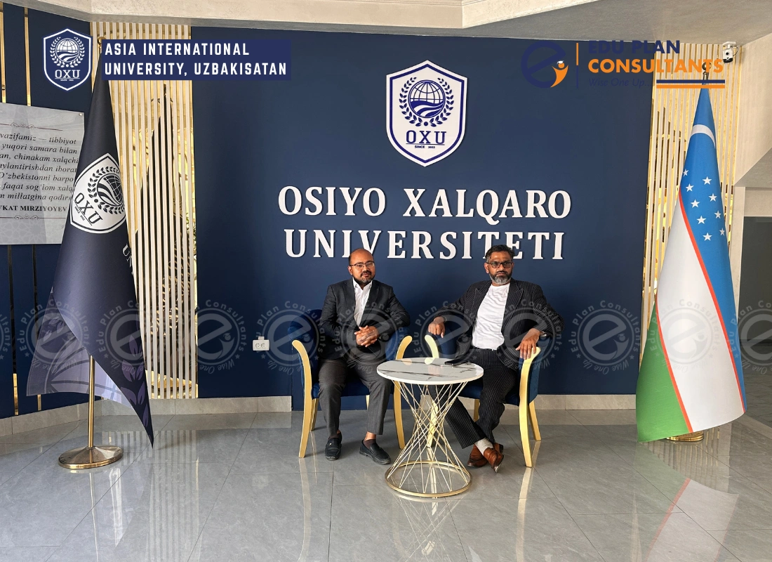 At Asia International University in Bukhara — Dr. Bhandari Kishan and the Managing Director of Edu Plan Consultants discussing future educational initiatives.