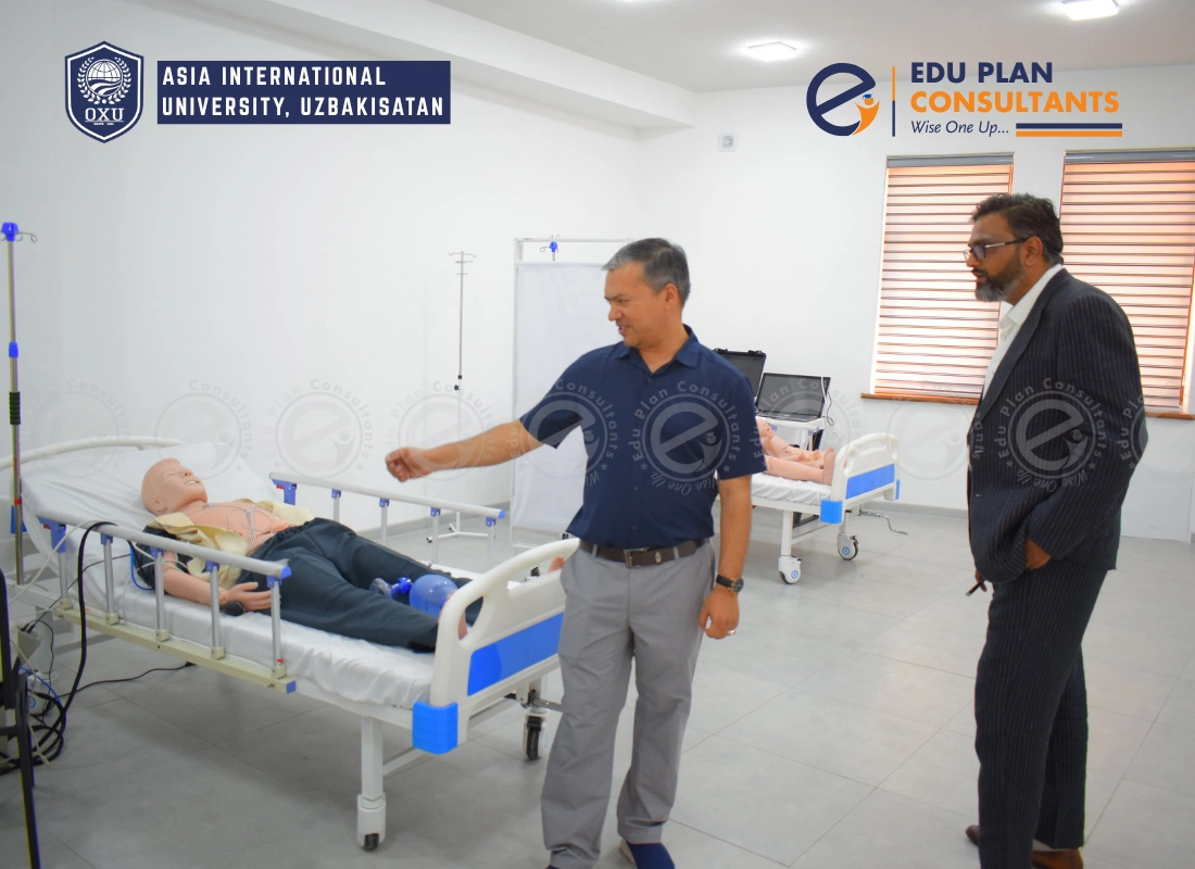 Inside the Practice Lab, Dr. Badal Krishna, during a guided tour of the practice labs, explaining the advanced student facilities to the Managing Director of Edu Plan Consultants.