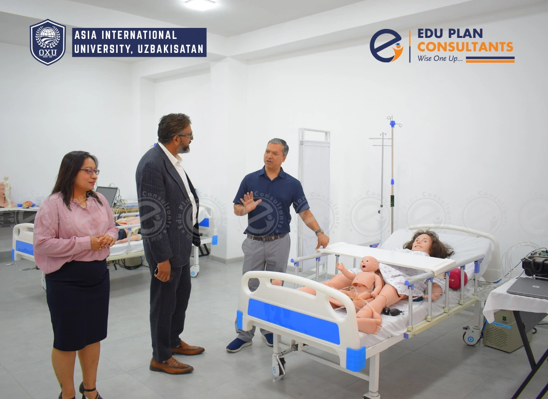 Behind the scenes at Asia International University! Dr. Badal Krishna and Dr. Namrata Sharma showing the MD of Edu Plan Consultants around the practice lab.